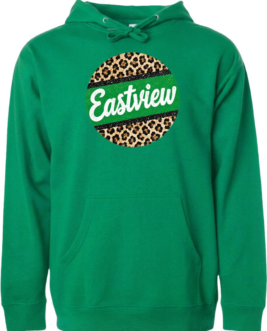 A green hoodie with a leopard print design and the word "Eastview" printed on it.