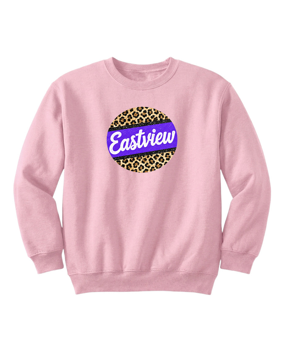 A pink sweatshirt with a leopard print design and the word "Eastview" printed on it.
