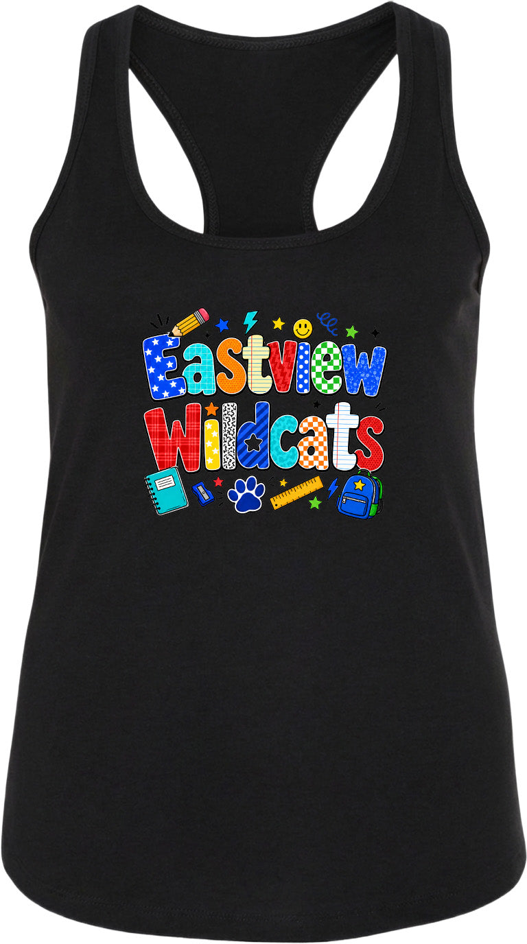 A black tank top with a colorful graphic design featuring the text "Eastview Wildcats" and various school-related icons such as a pencil, backpack, and ruler.