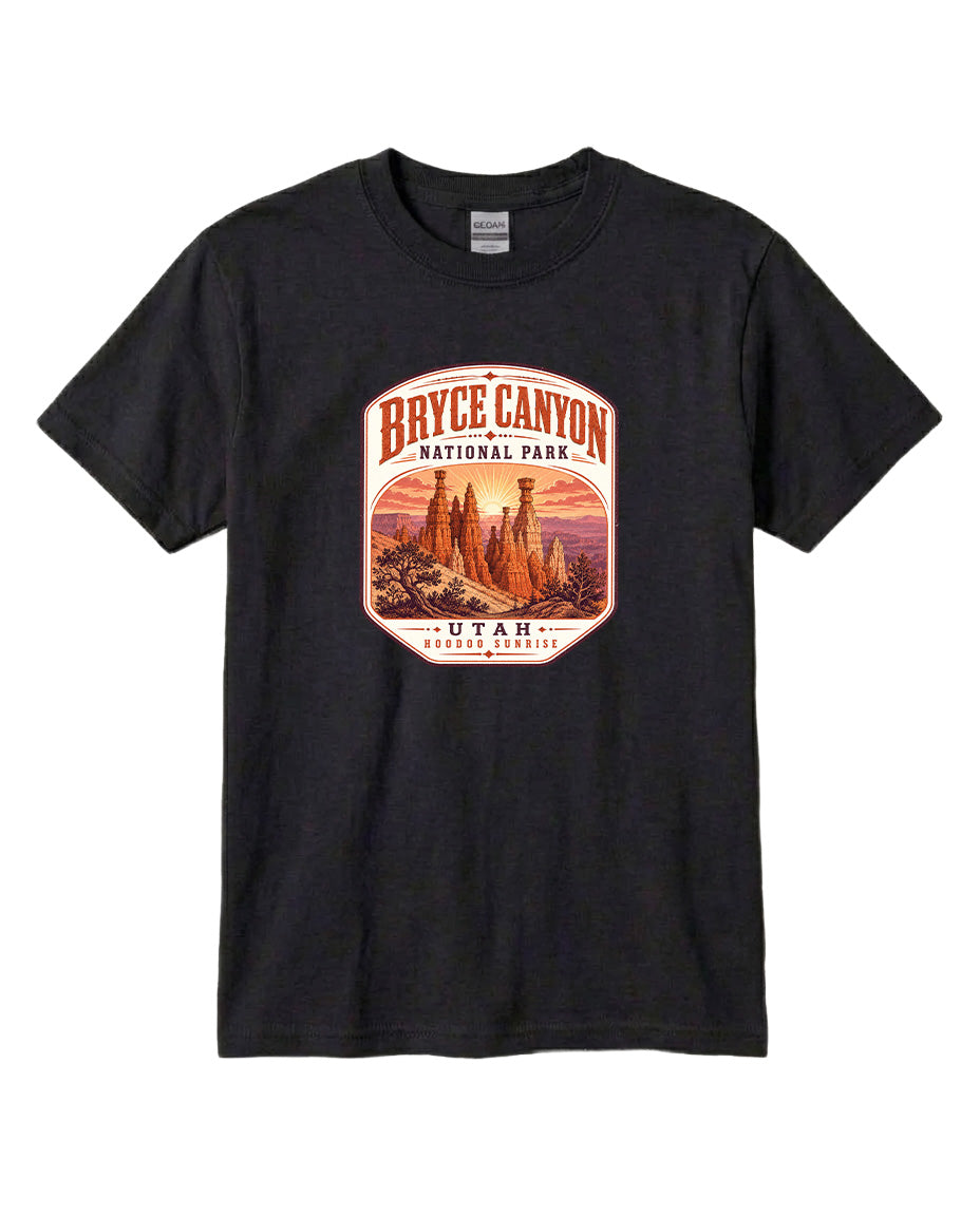 A black t-shirt with a graphic design depicting the Bryce Canyon National Park in Utah.