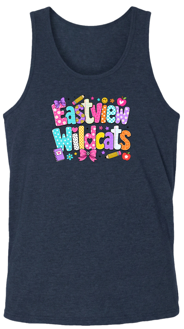 A dark blue tank top with a colorful graphic design featuring the text "Eastview Wildcats" in a playful, cartoon-like font.