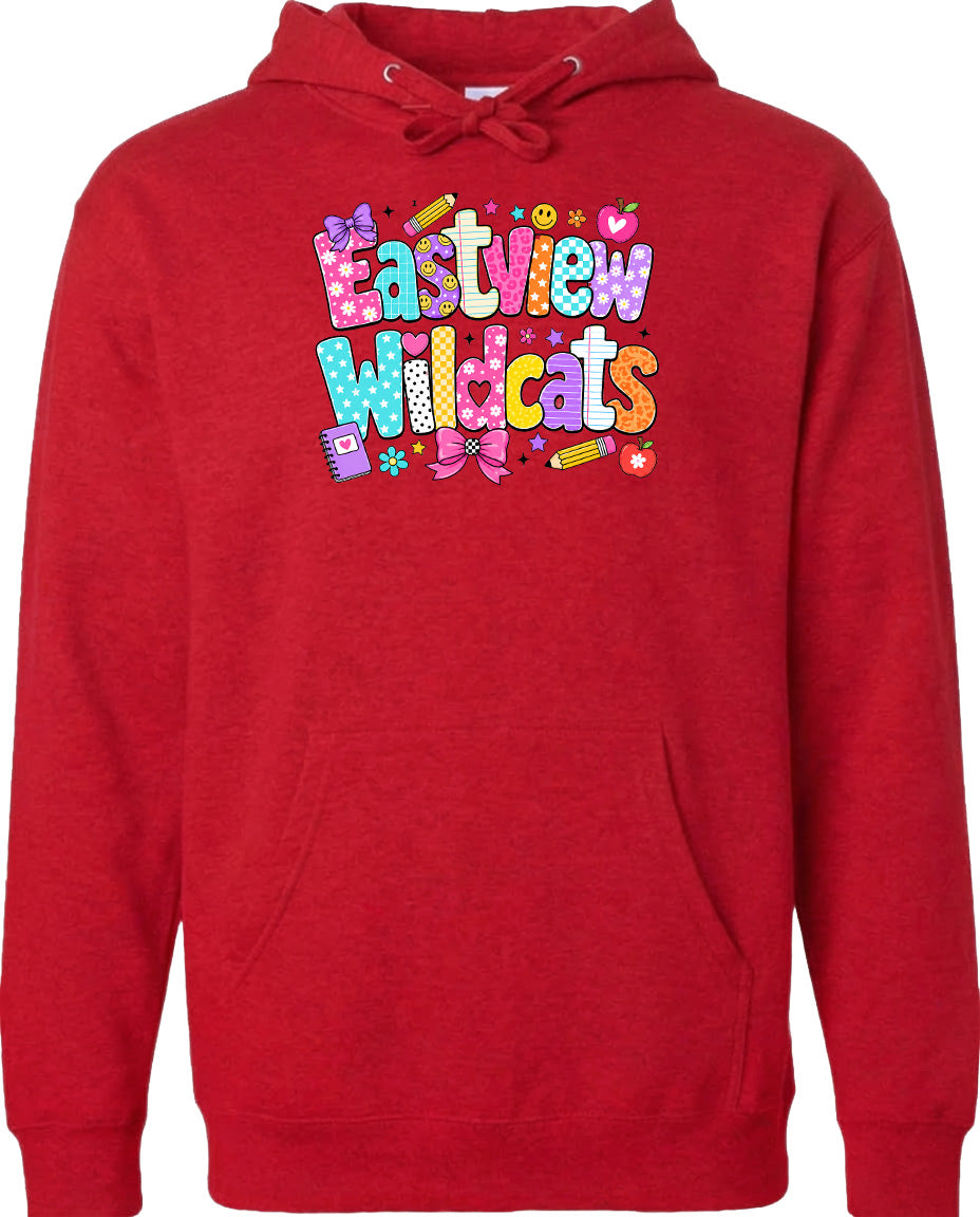 A red hoodie with a colorful graphic design featuring the text "Eastview Wildcats" and various school-related icons such as pencils, apples, and hearts.