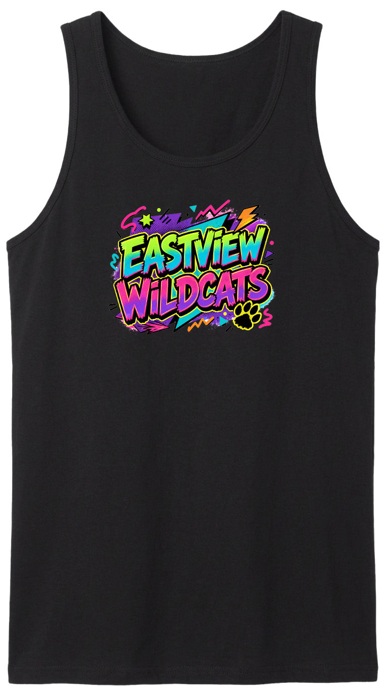 A black tank top with a colorful graphic design featuring the text "EASTVIEW WILDCATS" in a vibrant, neon-like style.