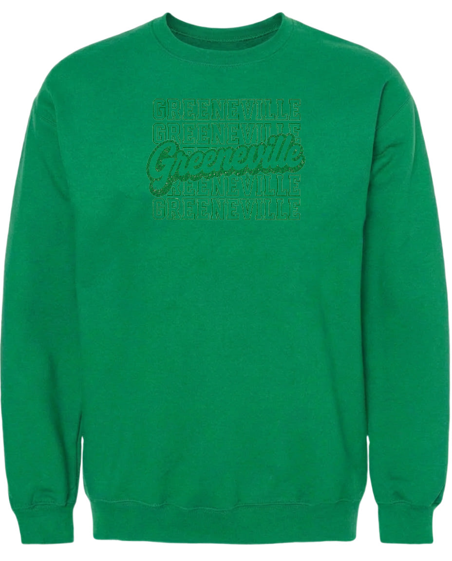 A bright green sweatshirt with the text "Greenville" printed on it in a stylized font.