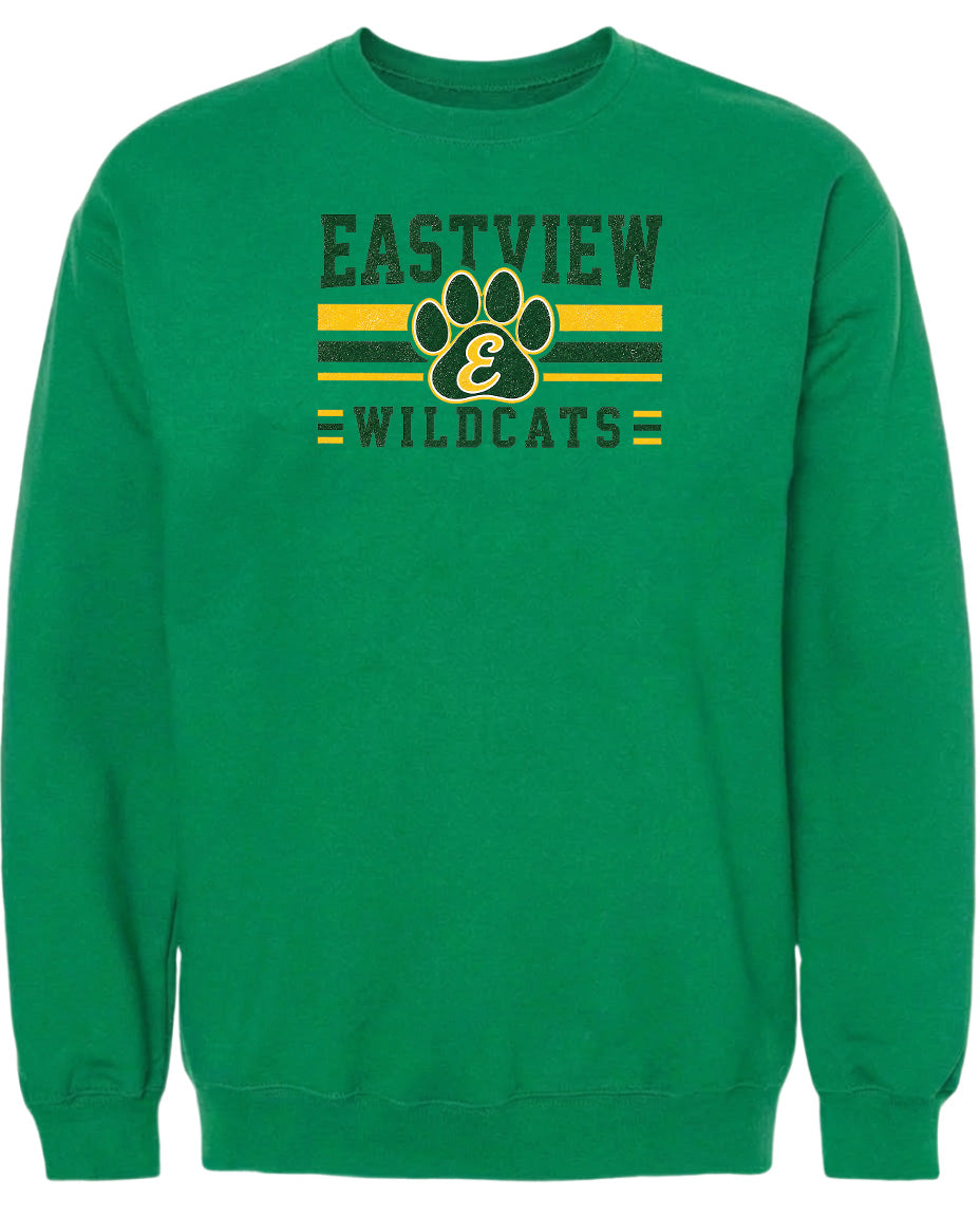 A green sweatshirt with a graphic design featuring a paw print and the text "EASTVIEW WILDCATS" printed on it.