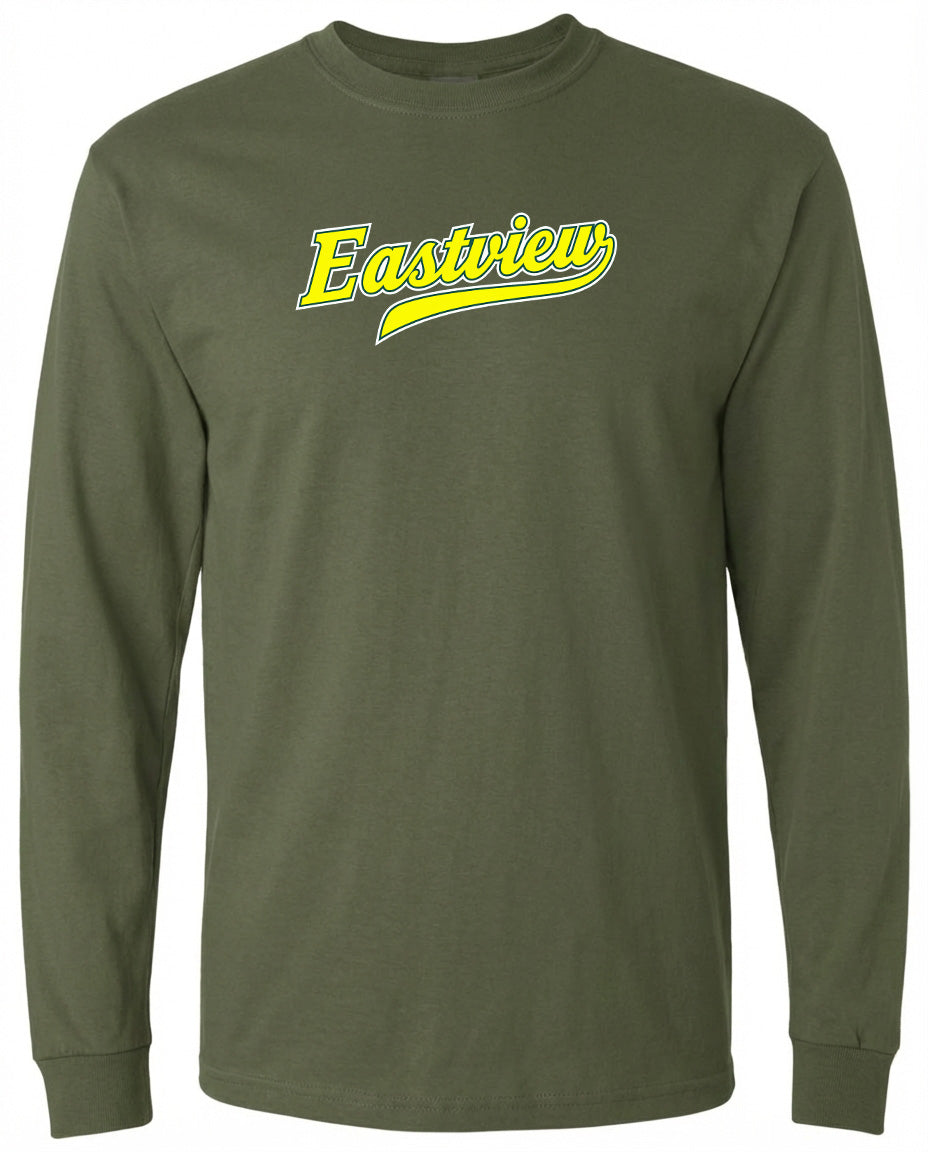 A long-sleeved olive green t-shirt with the word "Eastview" printed in yellow on the front.