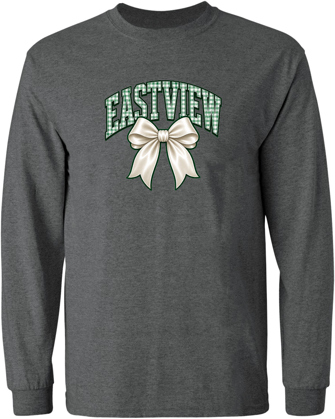 A gray long-sleeved t-shirt with a graphic design on the front. The design features a large white bow and the word "EASTVIEW" written in green letters.