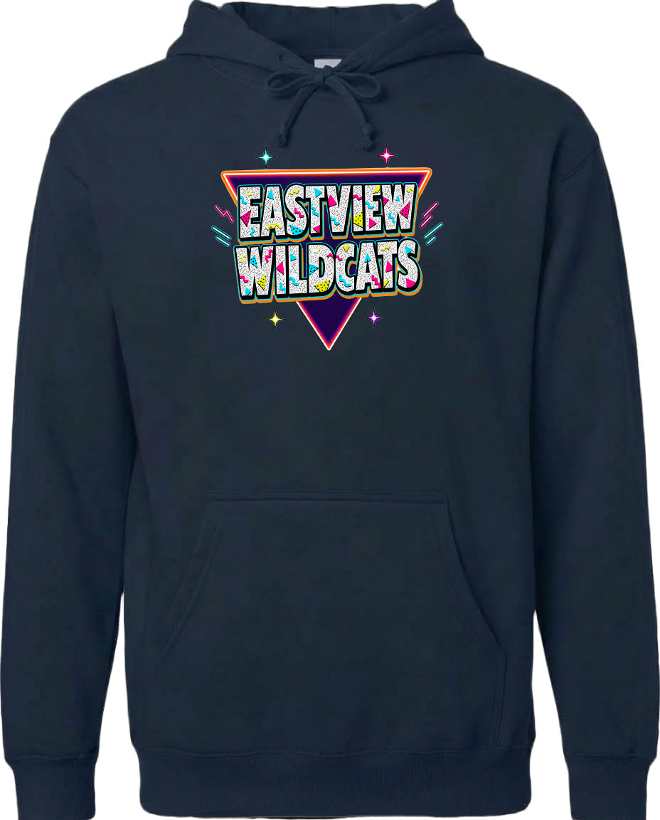 A navy blue hoodie with a graphic design featuring the text "EASTVIEW WILDCATS" in a colorful, retro-style font.