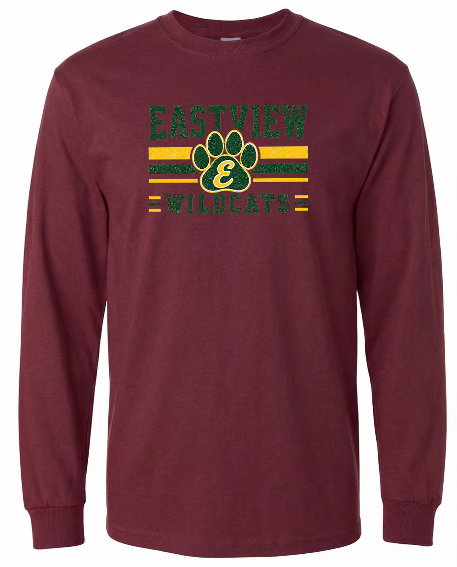 A burgundy long-sleeved t-shirt with a graphic design featuring a paw print and the text "EASTVIEW WILDCATS" printed on it.
