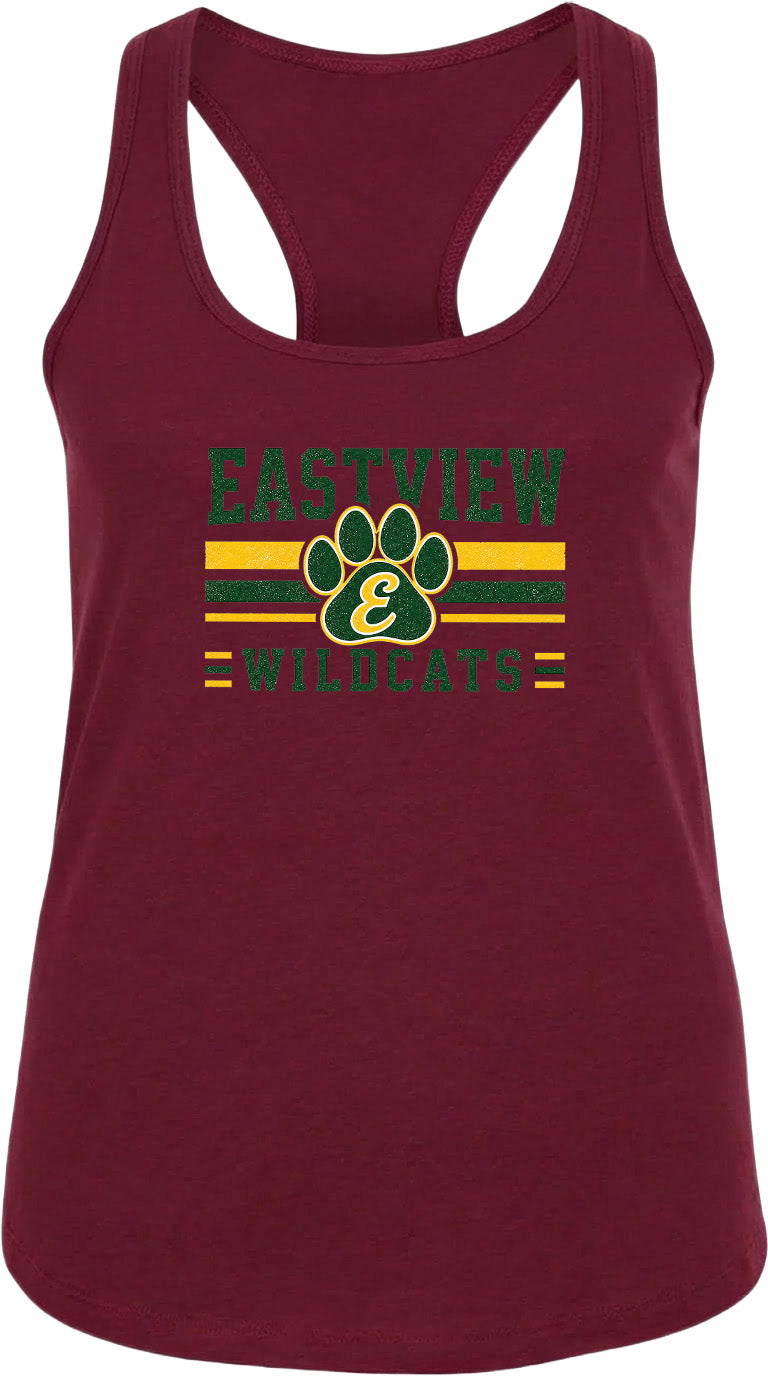 A burgundy tank top with a graphic design featuring the text "EASTVIEW WILDCATS" and a paw print logo.