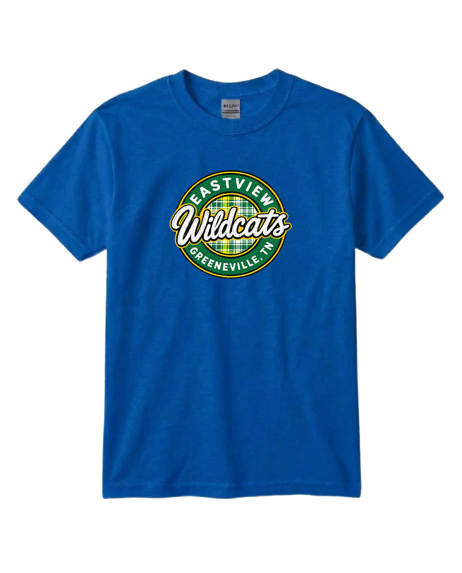 A blue t-shirt with a circular logo that says "Eastview Wildcats Greeneville, TN".