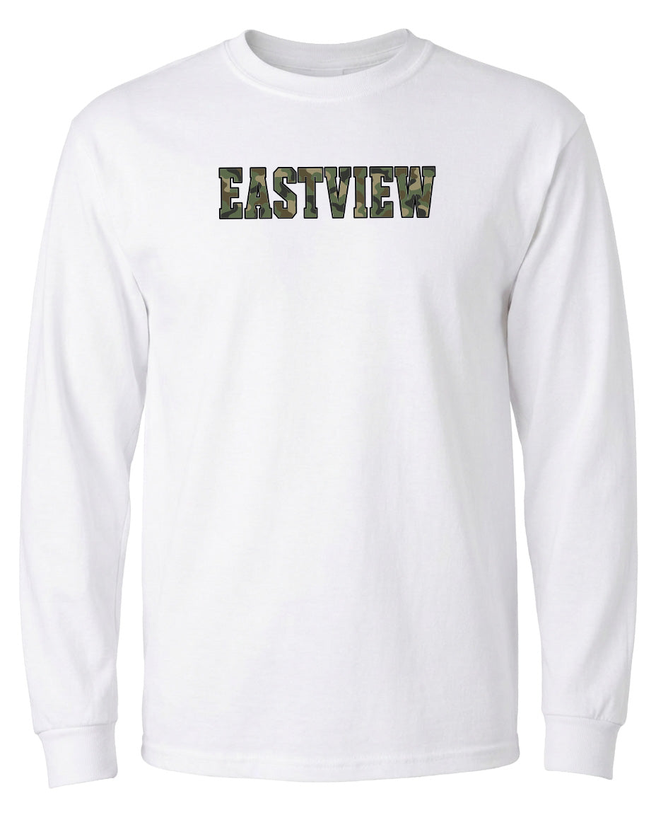 A white long-sleeved t-shirt with the word "EASTVIEW" printed on it in a camouflage pattern.