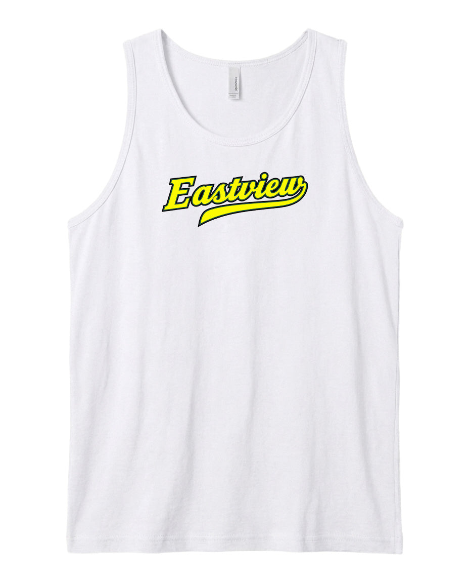 A white tank top with the word "Eastview" printed in yellow on it.