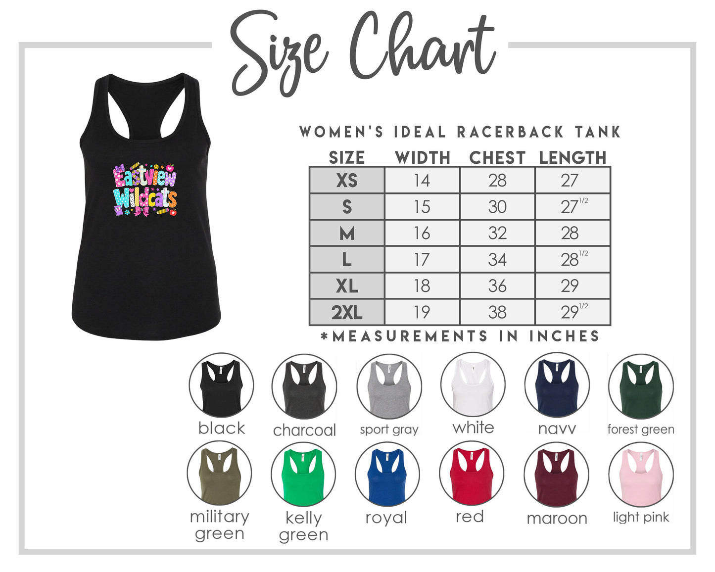 The image is a size chart for a women's ideal racerback tank, including various color options and corresponding chest measurements.