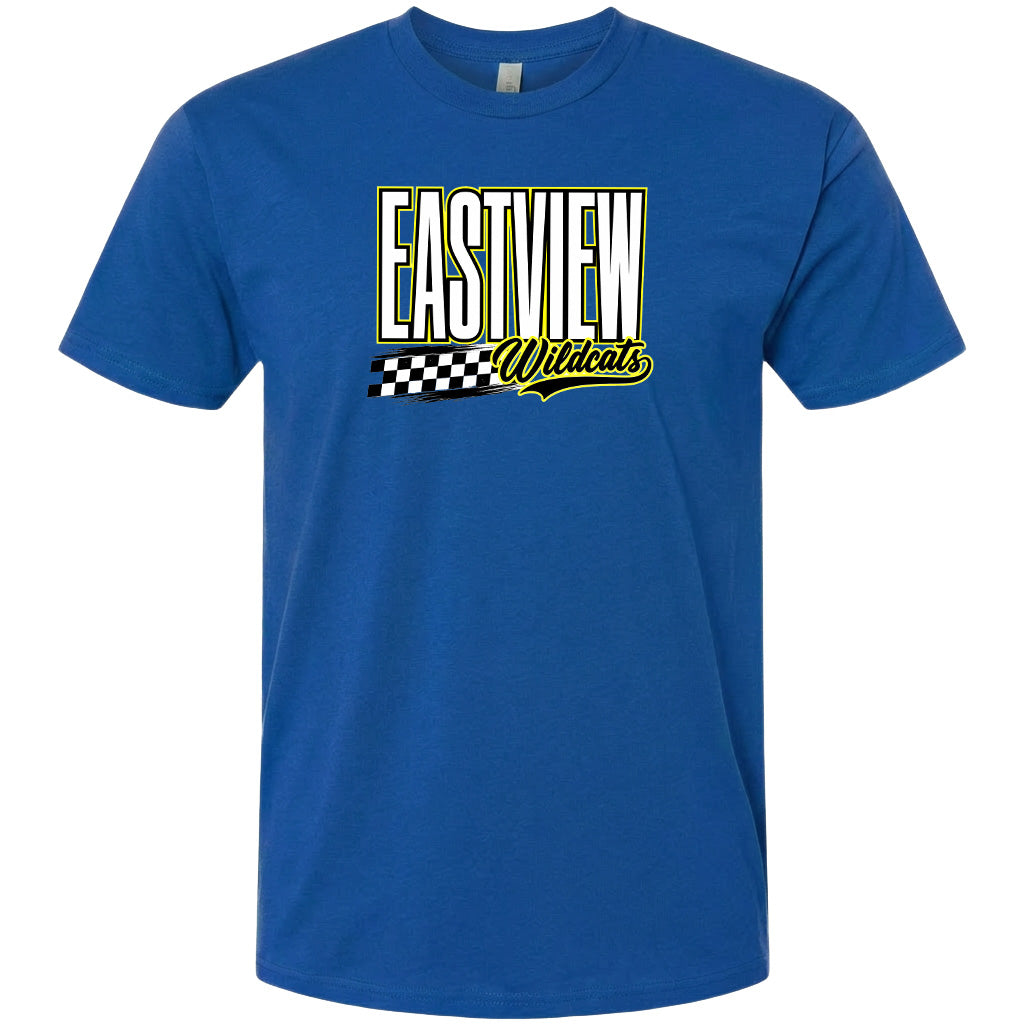 A blue t-shirt with a graphic design featuring the text "EASTVIEW Wildcats" in a stylized font.