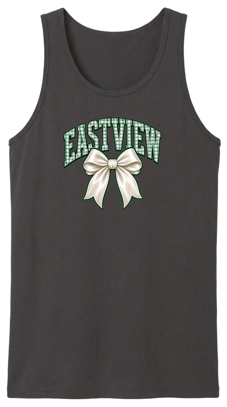 A black tank top with a white bow and the word "EASTVIEW" printed on it.
