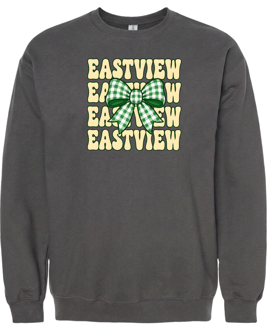 A gray sweatshirt with a graphic design featuring a green and white checkered bow and the text "EASTVIEW" repeated in a vertical pattern.