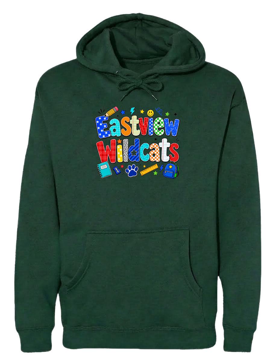 A green hoodie with the text "Eastview Wildcats" printed on it.