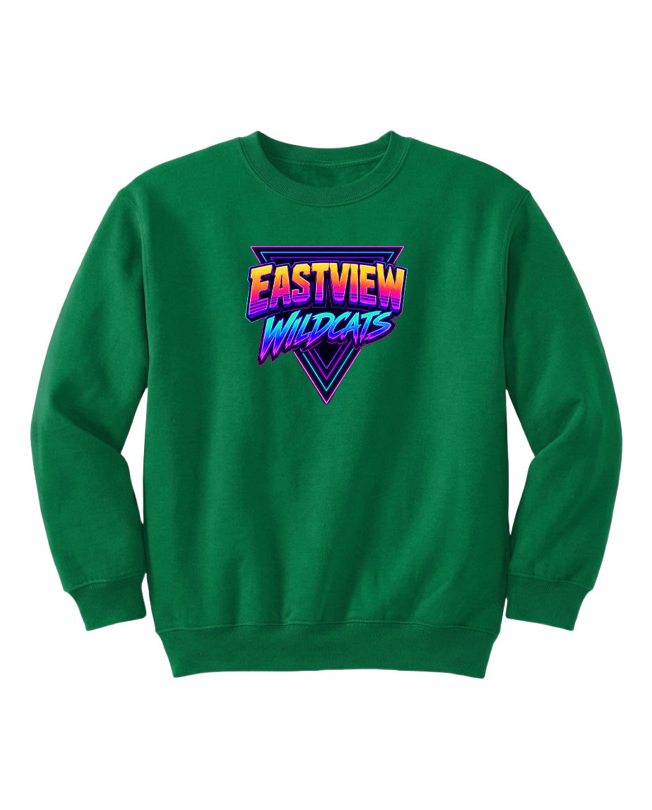 A green sweatshirt with a graphic design featuring the text "EASTVIEW WILDCATS" in a colorful, retro-style font.