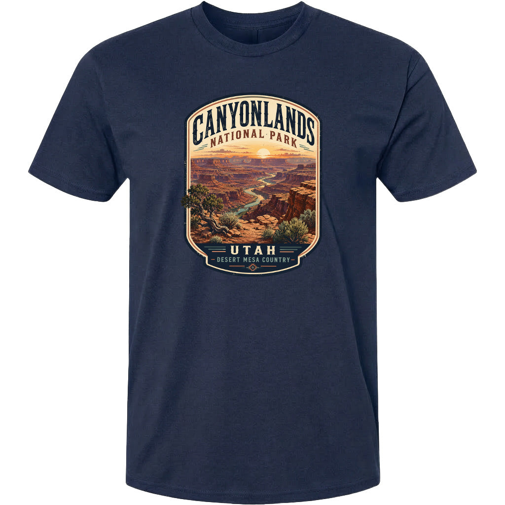 A t-shirt design featuring a scenic illustration of the Grand Canyon National Park in Utah.