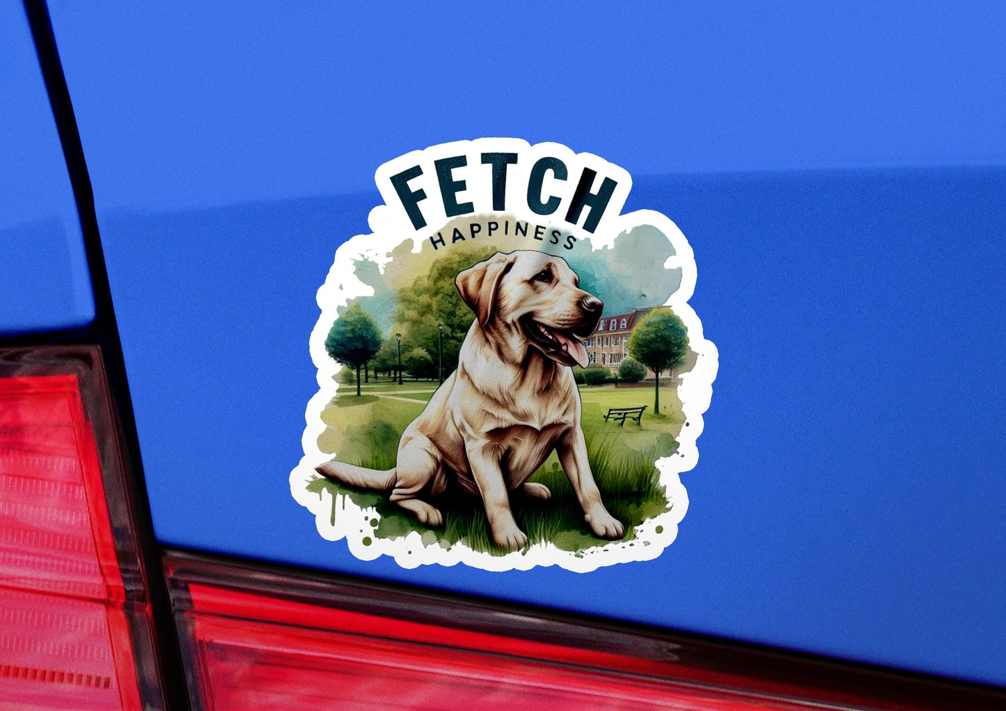 a sticker of a dog sitting on the back of a car
