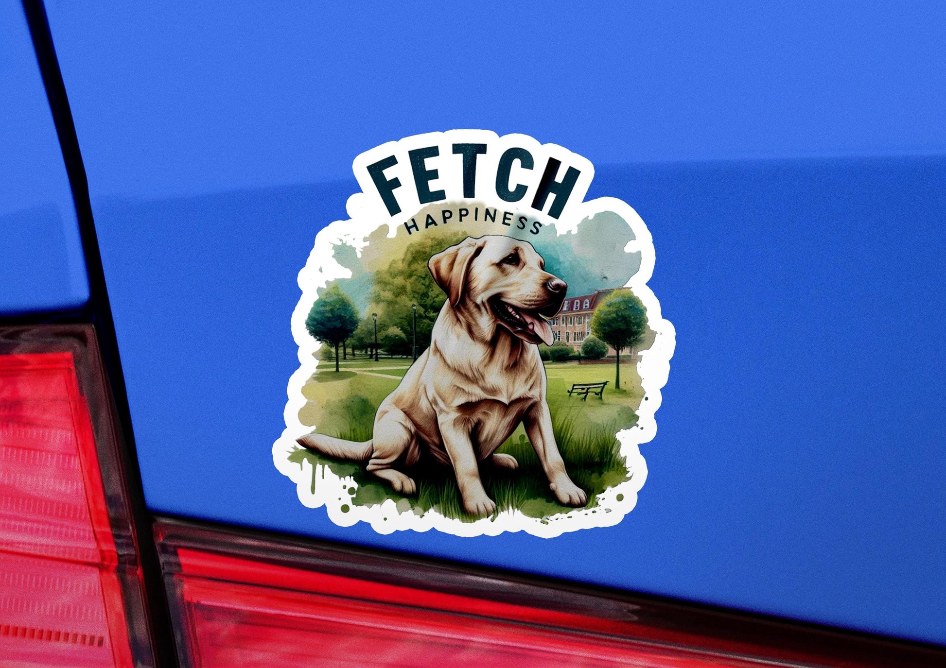 a sticker of a dog sitting on the back of a car