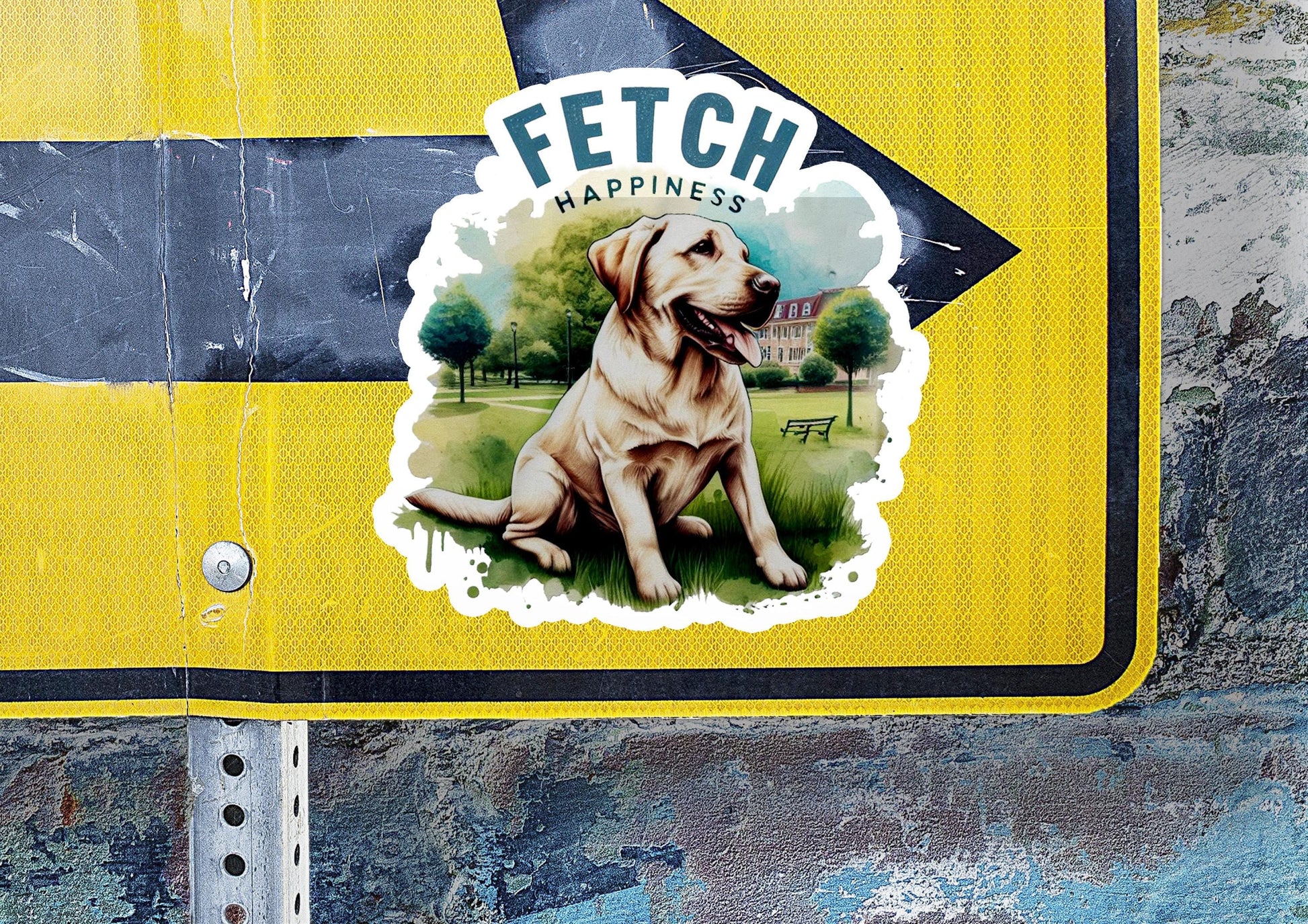 a sticker of a dog on a street sign