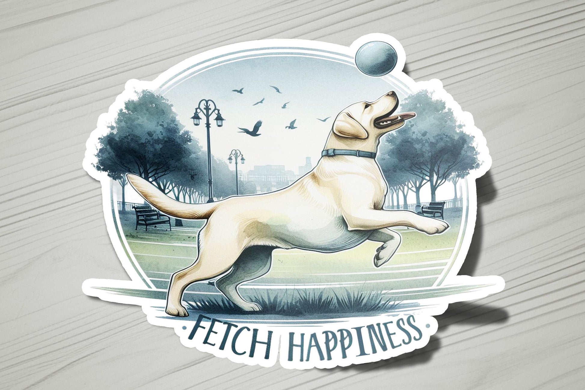 a sticker of a dog catching a ball