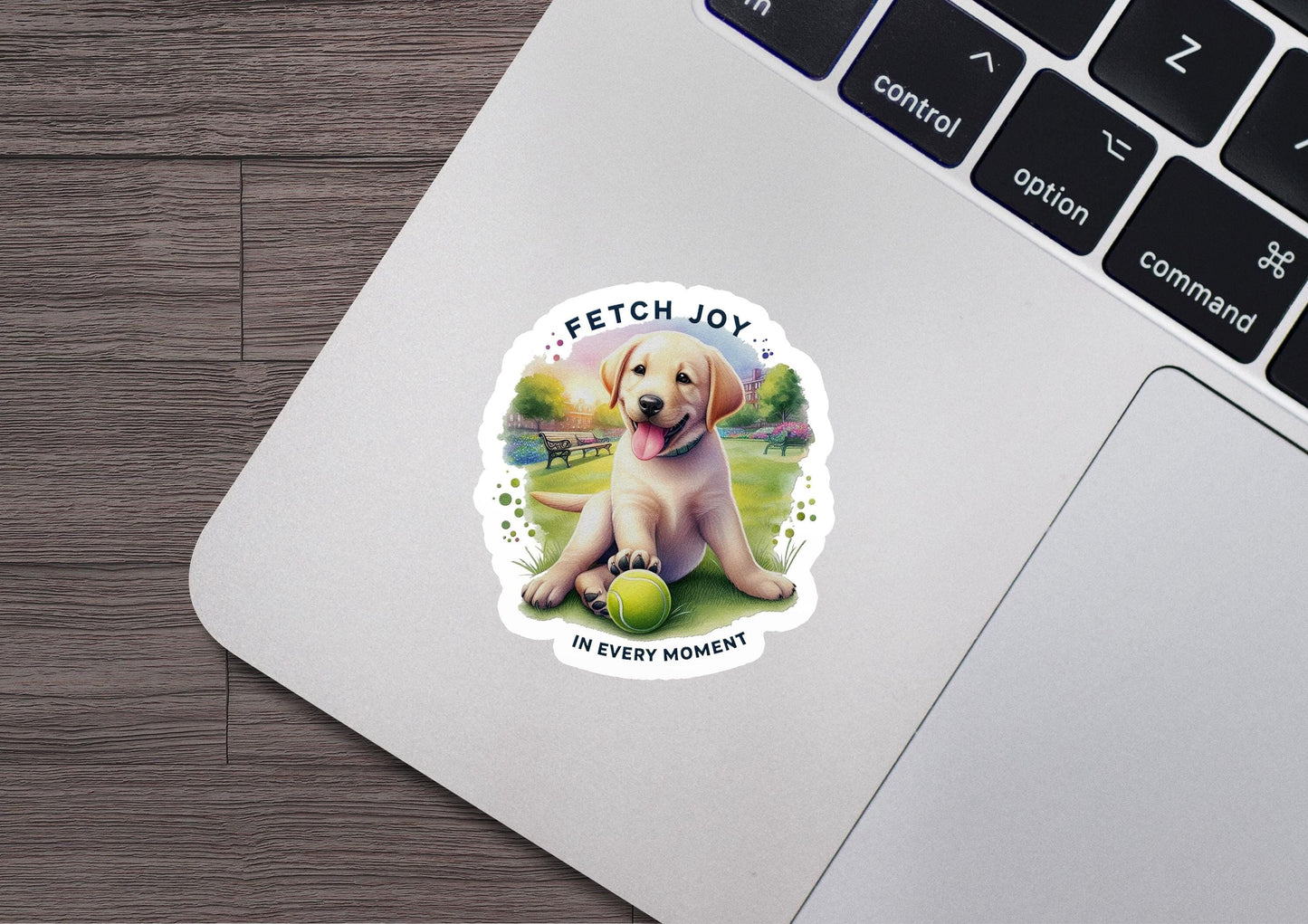 a sticker of a dog with a tennis ball in its mouth