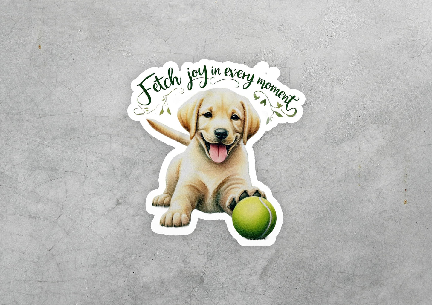 a sticker of a dog holding a tennis ball