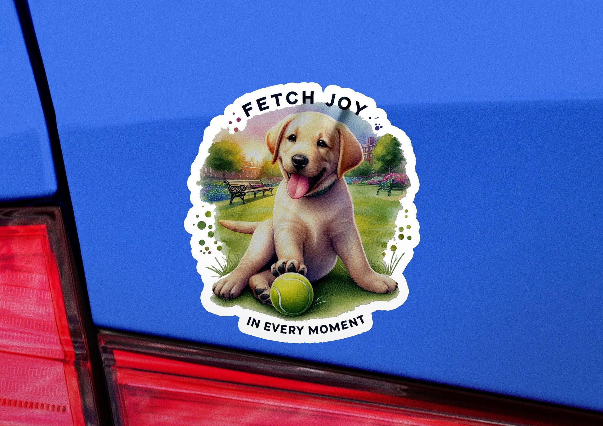 a sticker of a dog with a tennis ball in its mouth