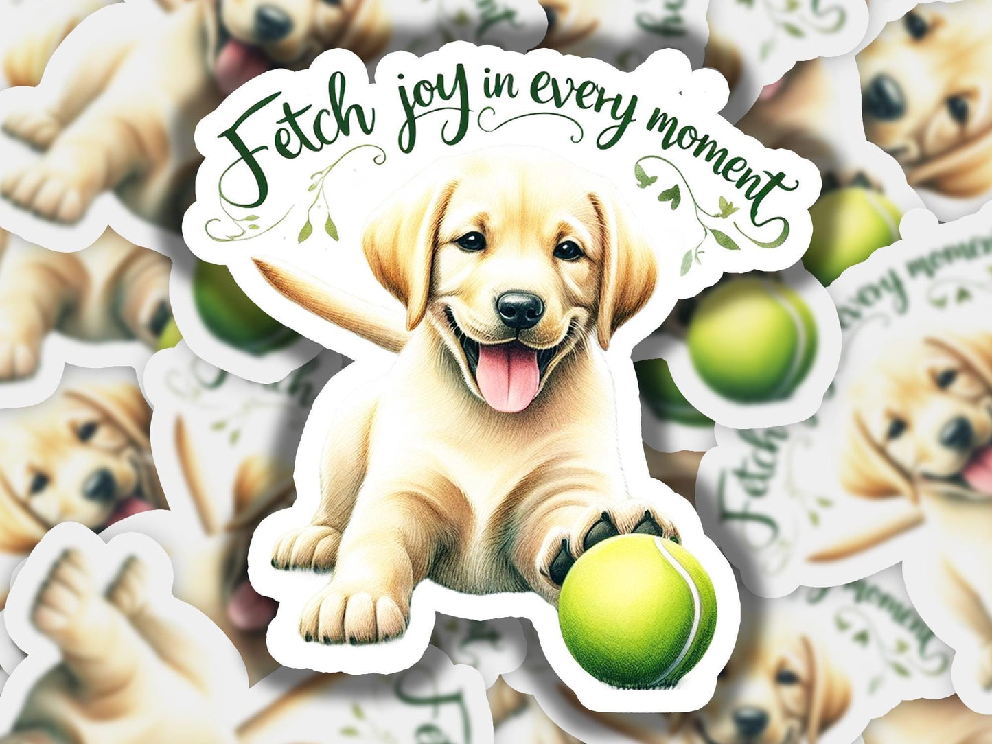 a sticker of a dog holding a tennis ball