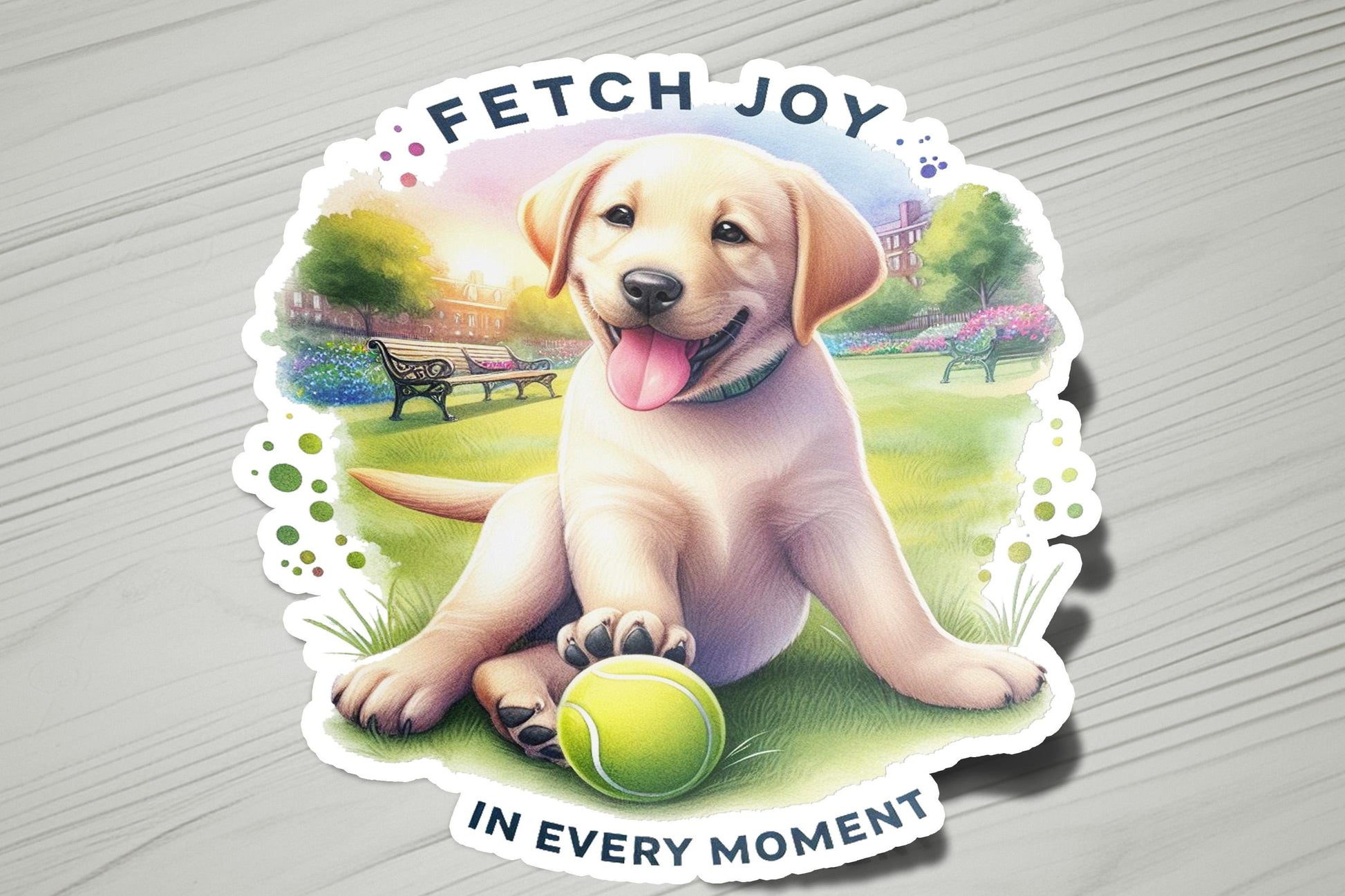 a sticker of a dog with a tennis ball