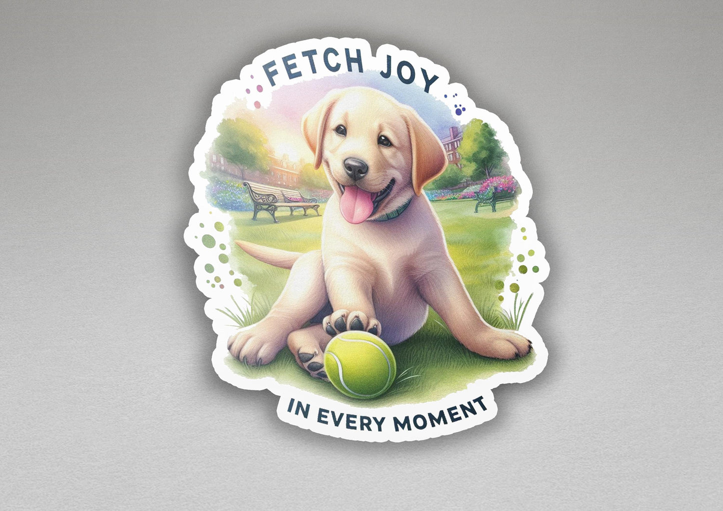 a sticker of a dog with a tennis ball