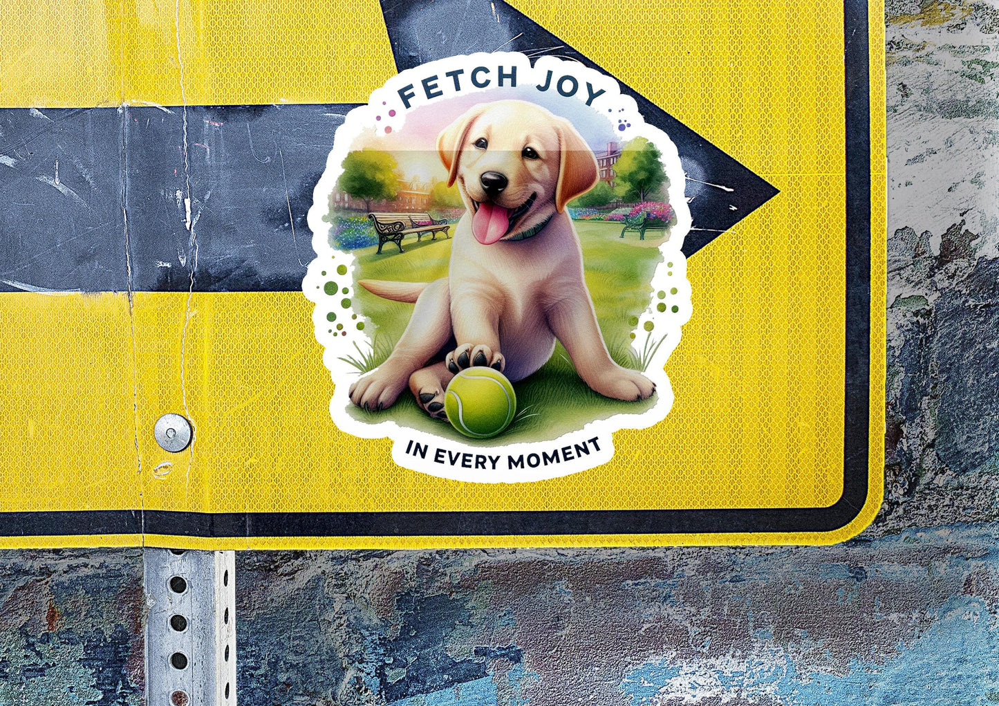 a sticker of a dog with a tennis ball