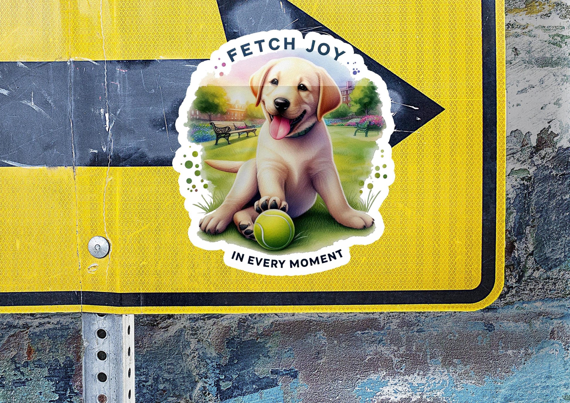 a sticker of a dog with a tennis ball