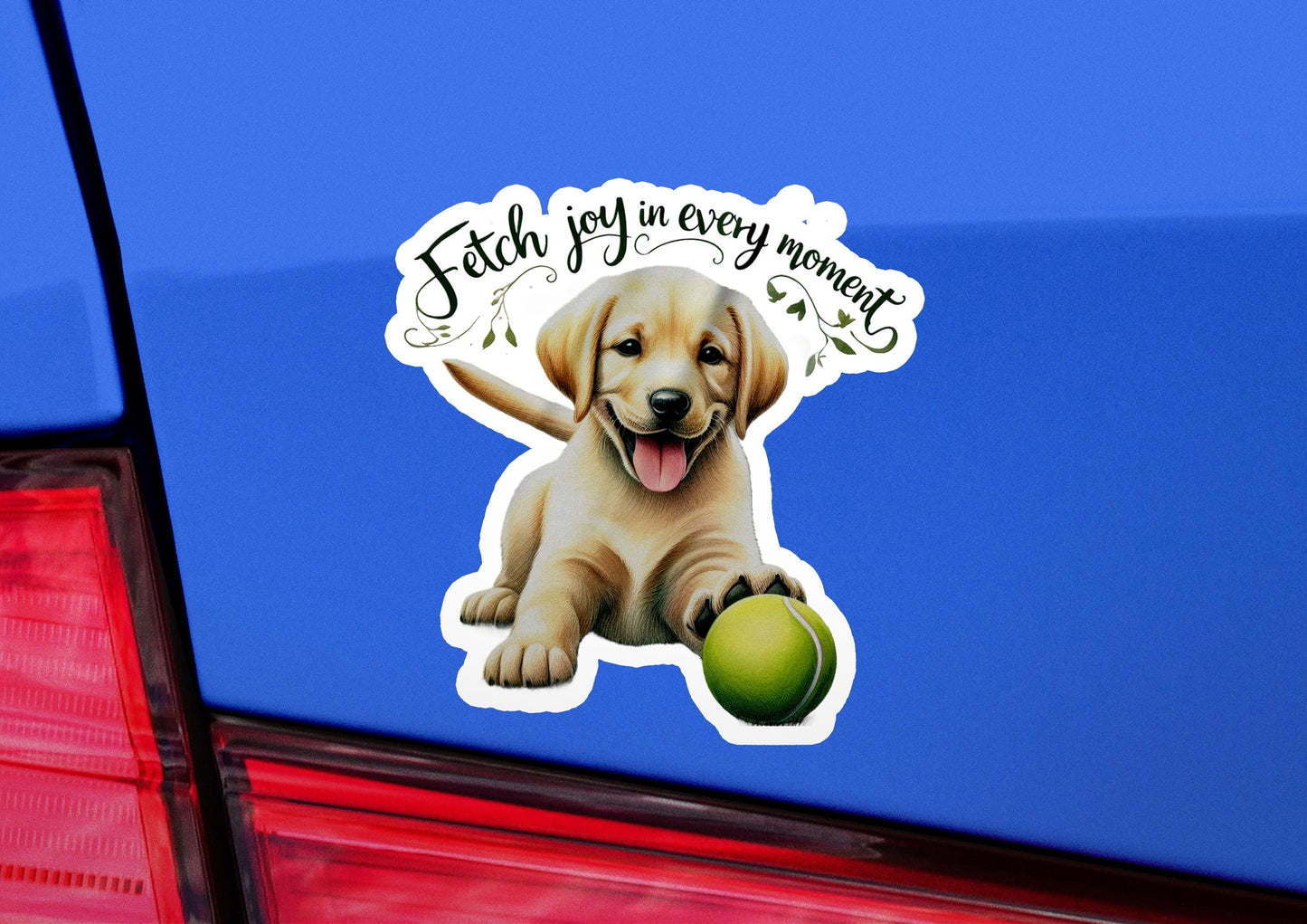a sticker of a dog with a tennis ball