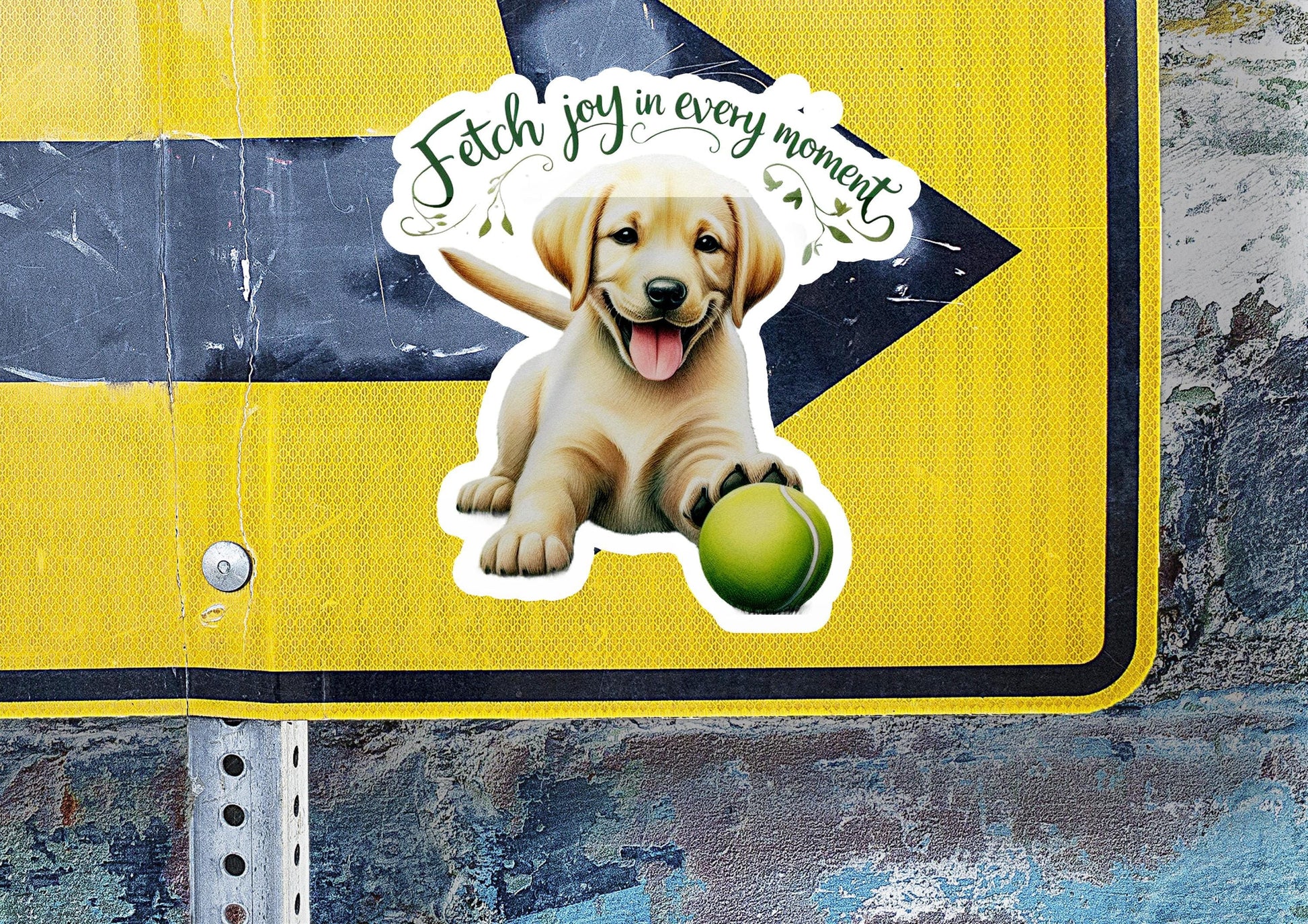 a sticker of a dog on a street sign