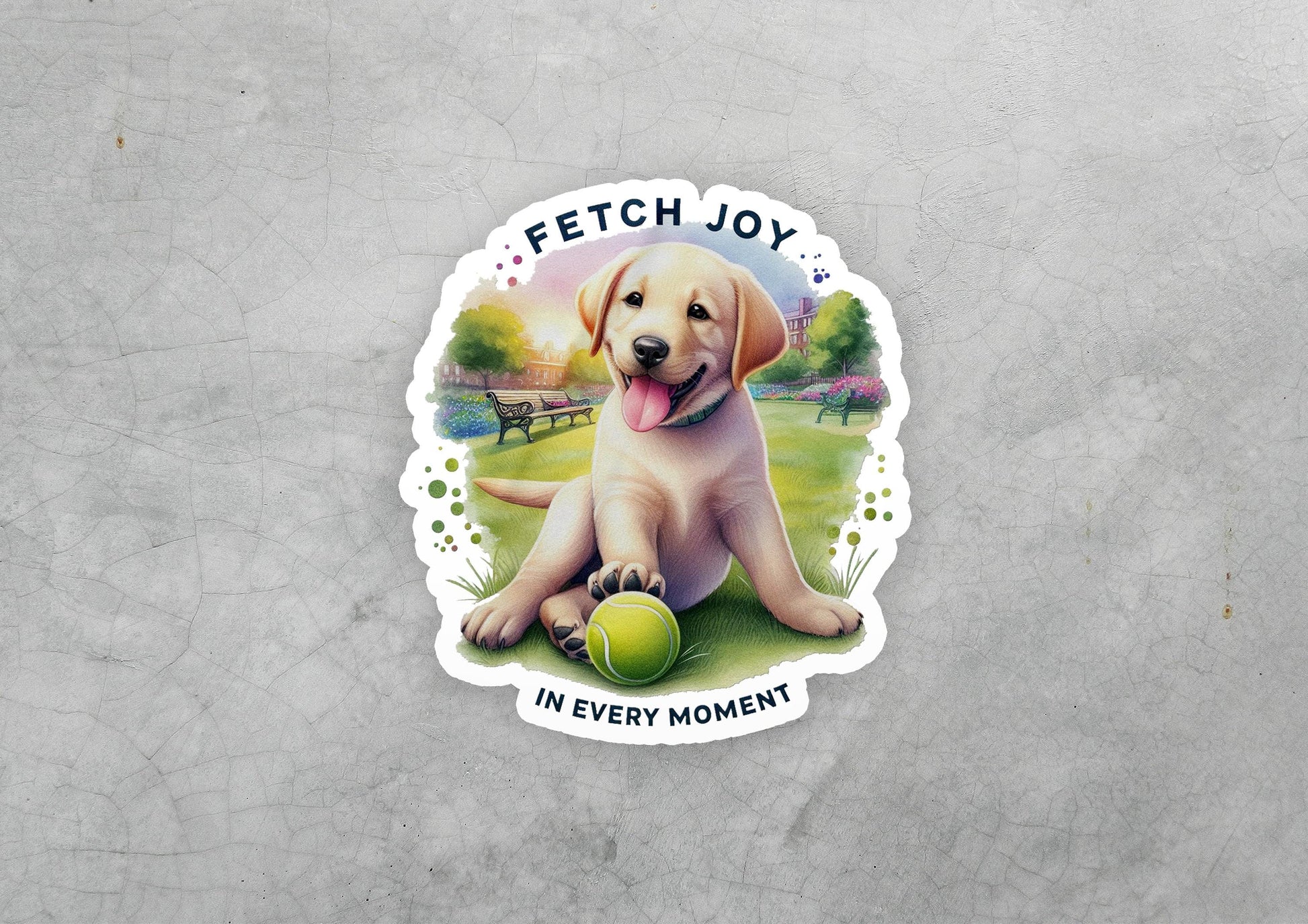 a sticker of a dog with a tennis ball