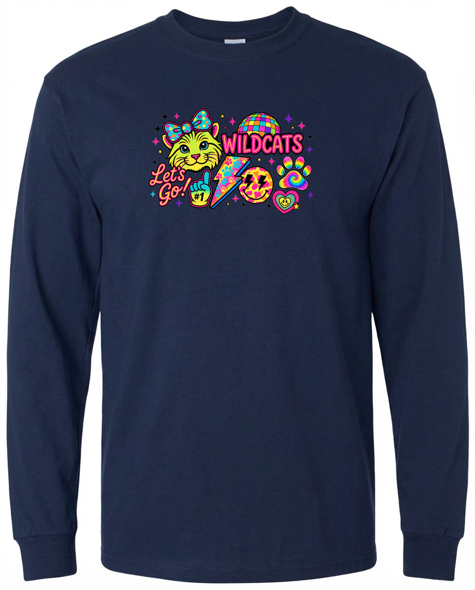 A navy blue long-sleeved shirt with a colorful graphic design featuring a cat, a rainbow, and various other elements.