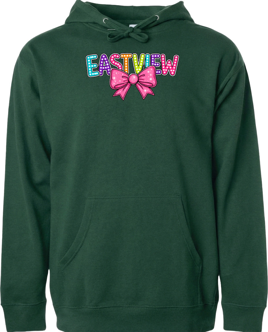 A green hoodie with a colorful bow and the word "EASTVIEW" printed on it.