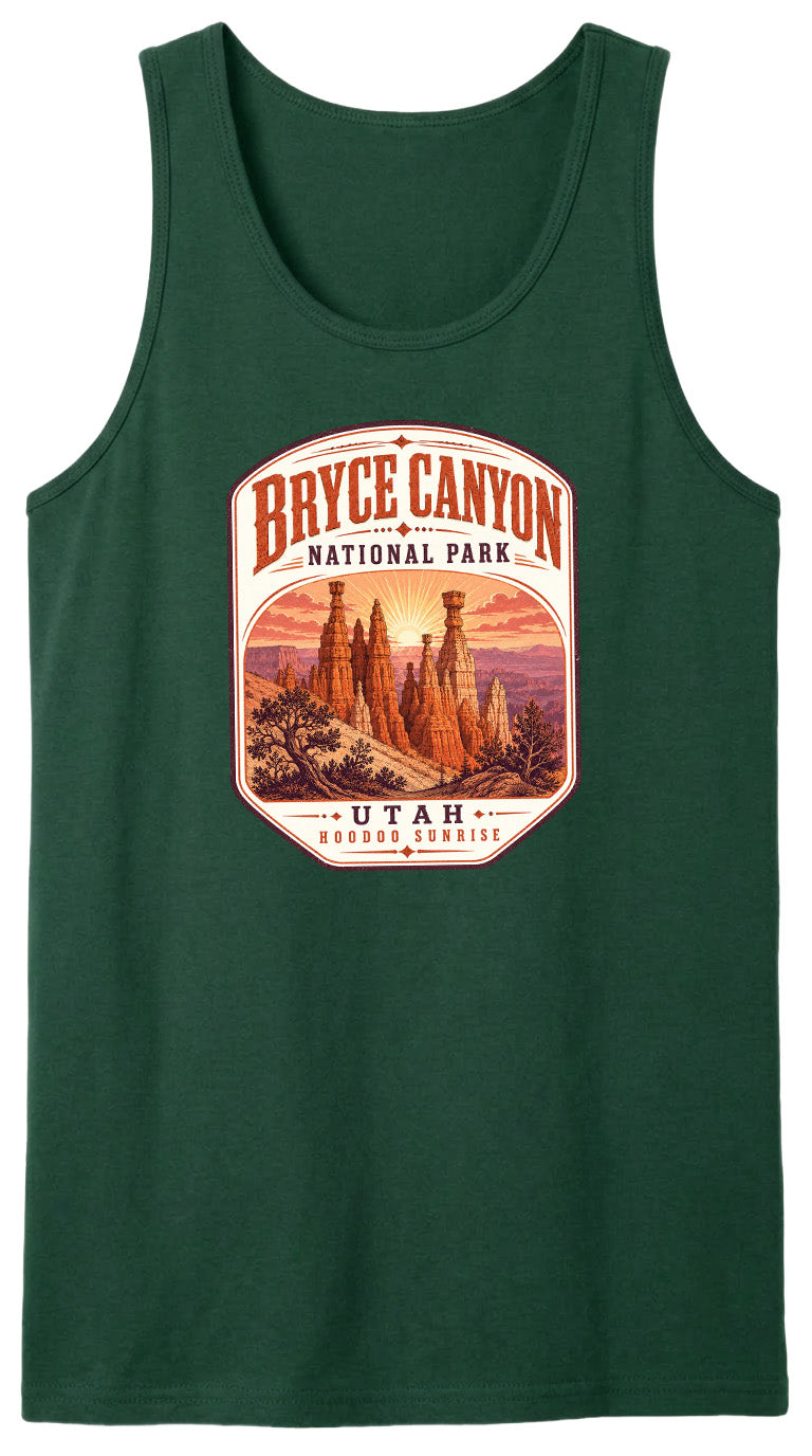 A green tank top with a graphic design depicting Bryce Canyon National Park, featuring the iconic hoodoos and the sunrise.