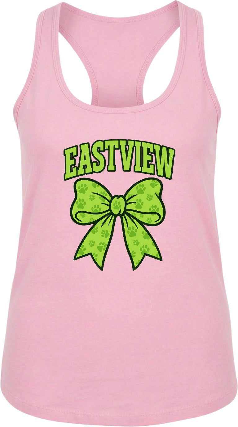 A pink tank top with a green bow and the text "EASTVIEW" printed on it.