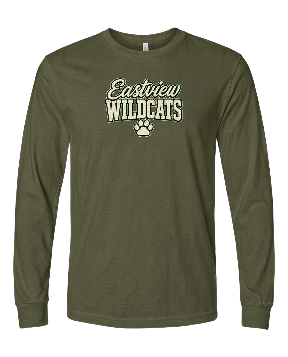 A long-sleeved olive green t-shirt with the text "Eastview Wildcats" printed on it.