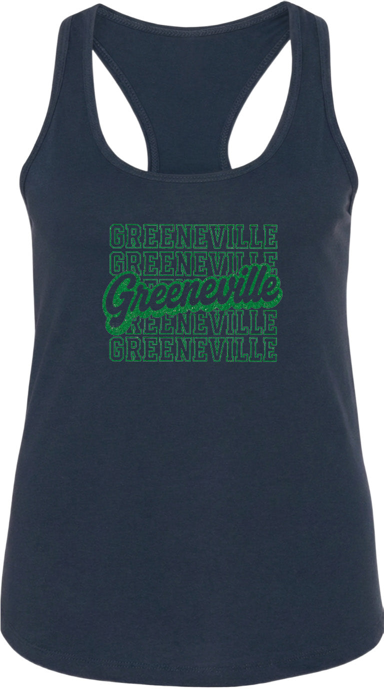 A navy blue tank top with the text "GREENVILLE" printed in green on it.