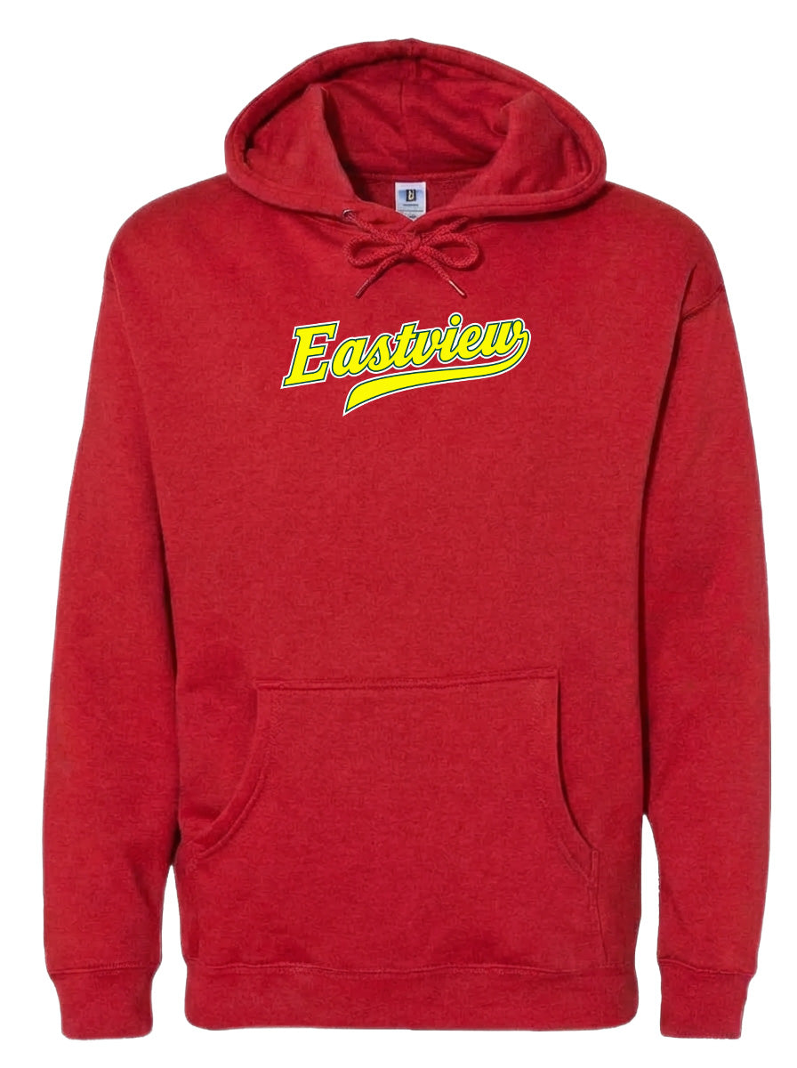 A red hoodie with the word "Eastview" printed on it in yellow.