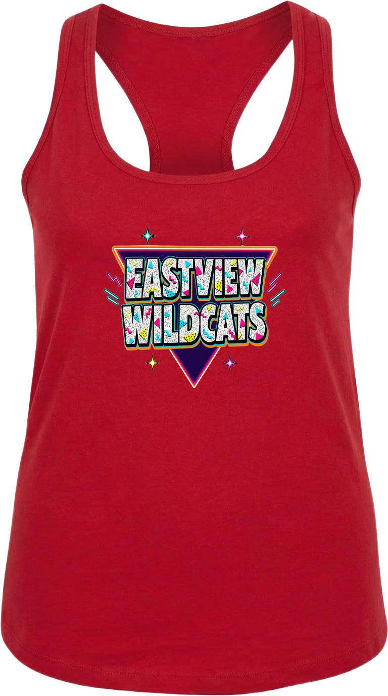 A red tank top with the text "EASTVIEW WILDCATS" printed on it.
