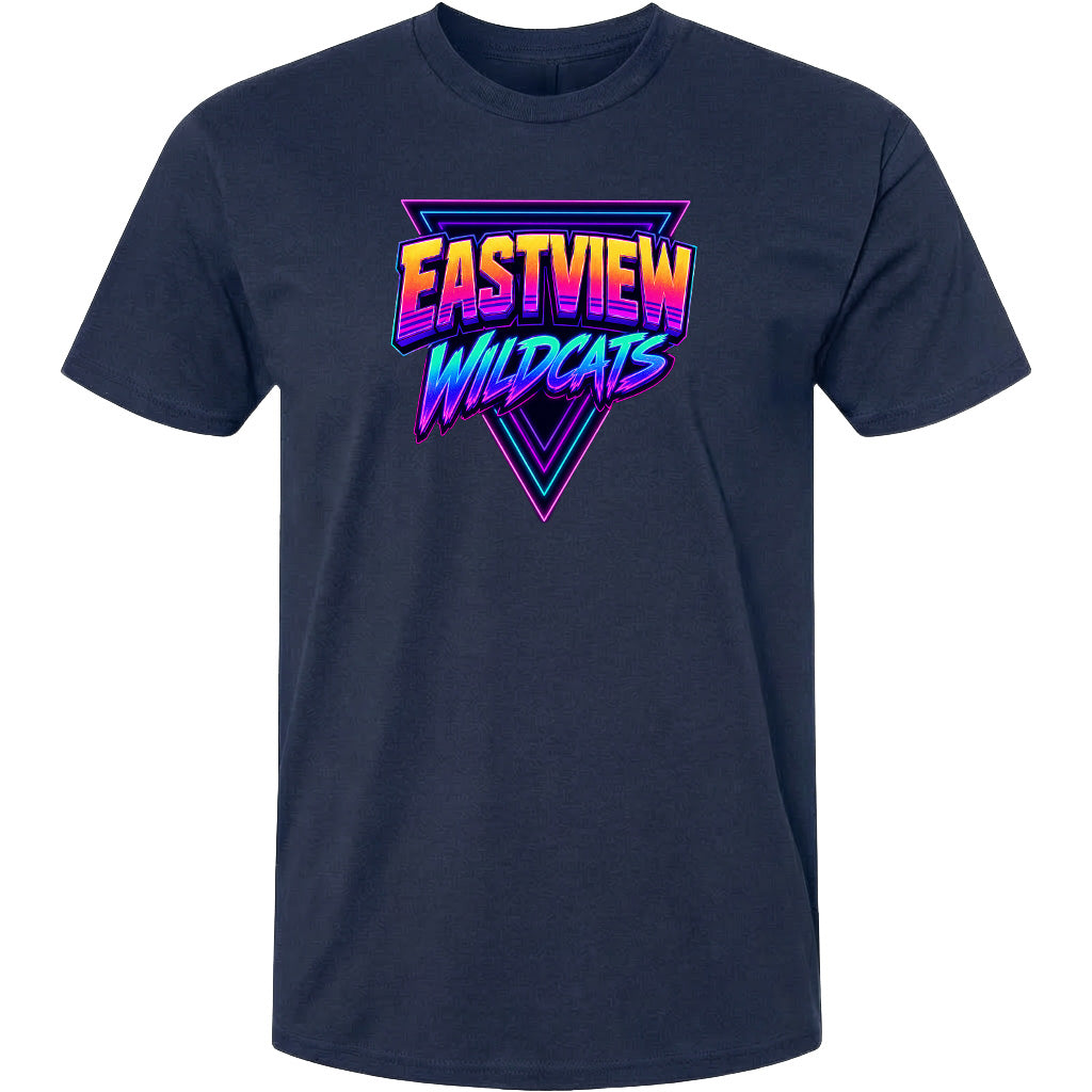 A navy blue t-shirt with a graphic design featuring the text "EASTVIEW WILDCATS" in a retro, neon-style font.