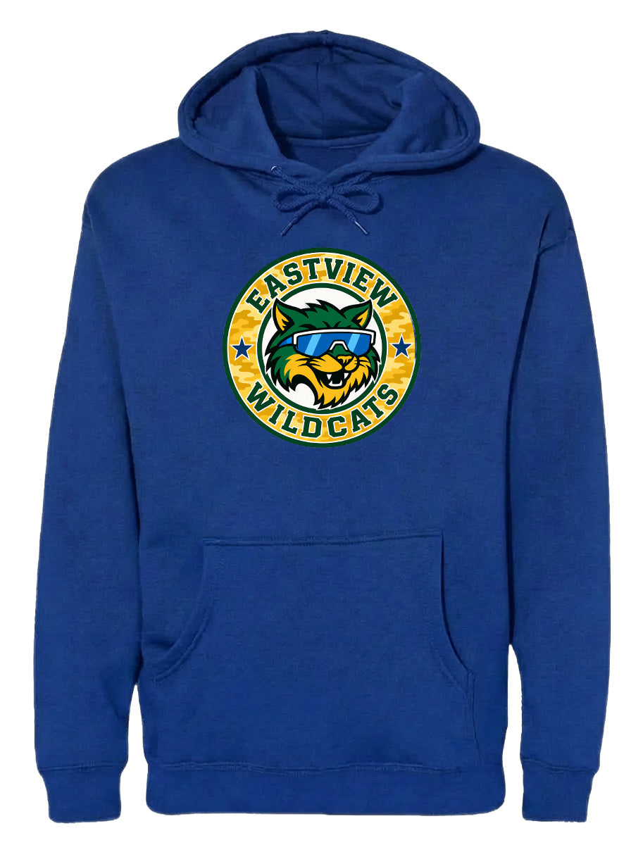 A blue hoodie with a graphic design featuring a cat wearing sunglasses and the text "EASTVIEW WILDCATS" printed on it.