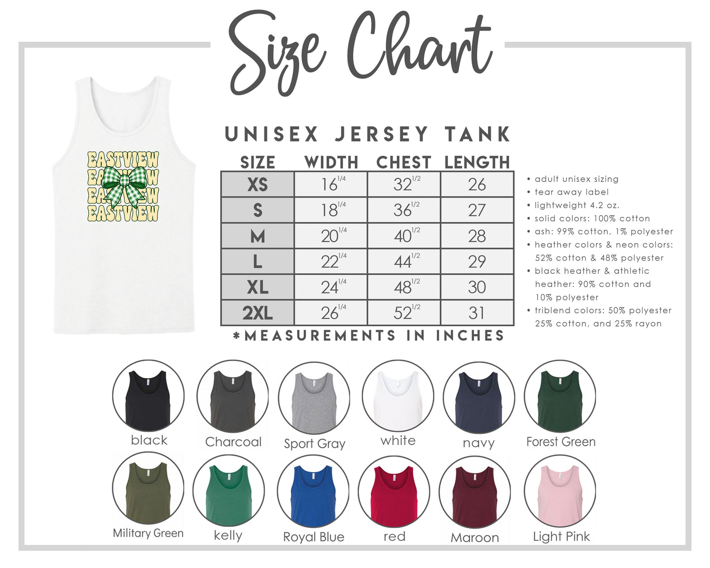 The image is a size chart for a unisex jersey tank, providing measurements and corresponding tank sizes for different chest lengths.